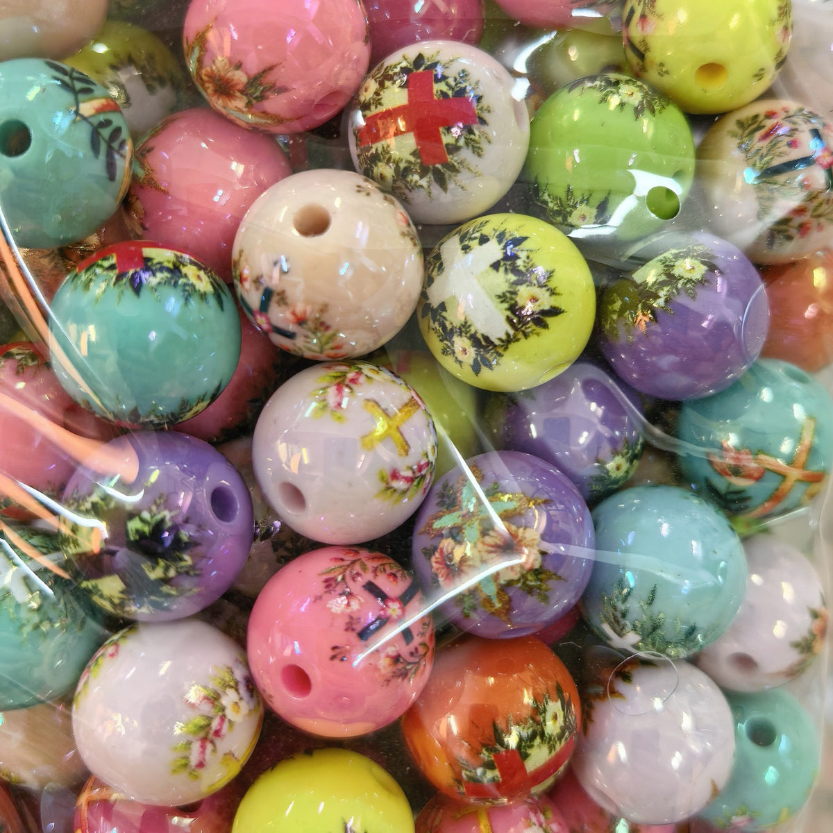 100Pcs Christmas portrait floral through-hole acrylic round beads UV printing loose beads DIY string pen bracelet handmade jewelry accessories