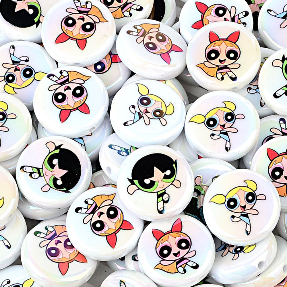 100Pcs acrylic printing cartoon flying police girl straight hole round beads DIY handmade jewelry accessories spot wholesale