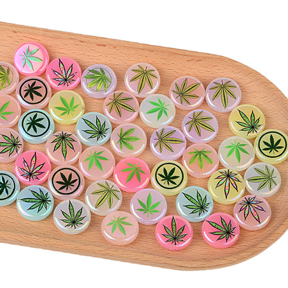 100Pcs color maple leaf printing beads, acrylic through-hole round beads Internet celebrity DIY jewelry accessories, cross-border wholesale