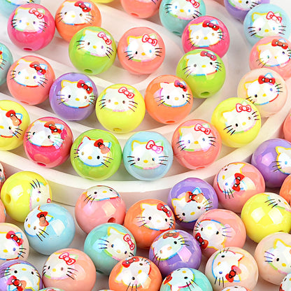 100Pcs printed Sanrio Hello Kitty hallo KT straight hole round beads DIY jewelry loose beads mobile phone chain bead pen accessories