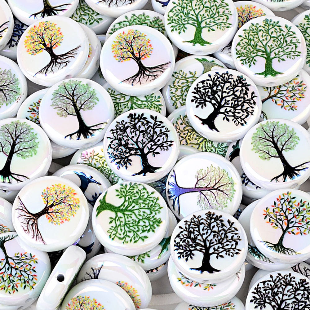 100Pcs Cross-border hot-selling Tree of Life beads Symphony white background tree pattern flat beads Handmade beading material manufacturers wholesale