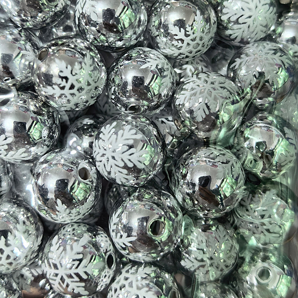 100Pcs 16mm metallic Christmas series snowflake printing round beads DIY handmade beaded loose beads mobile phone chain accessories