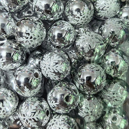 100Pcs 16mm metallic Christmas series snowflake printing round beads DIY handmade beaded loose beads mobile phone chain accessories