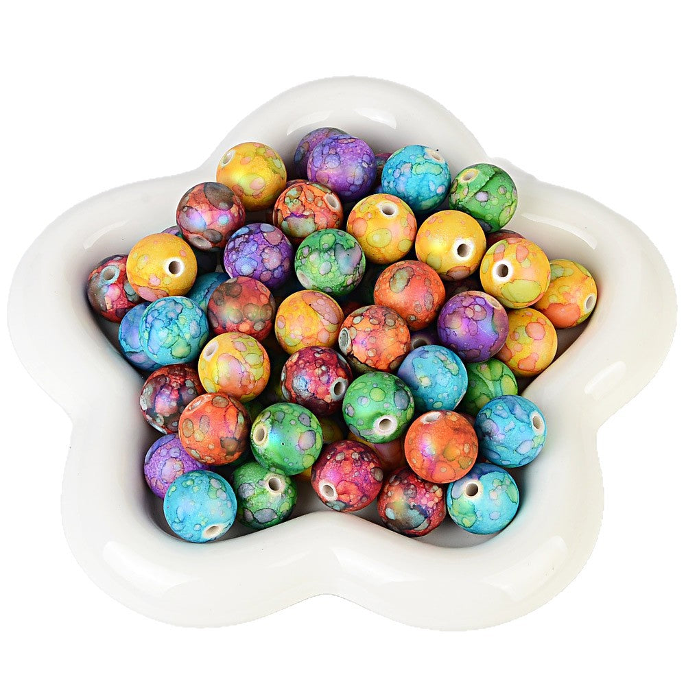 100Pcs acrylic feel gradual change color imitation ceramic flower beads straight hole pattern round beads beaded DIY bracelet necklace jewelry