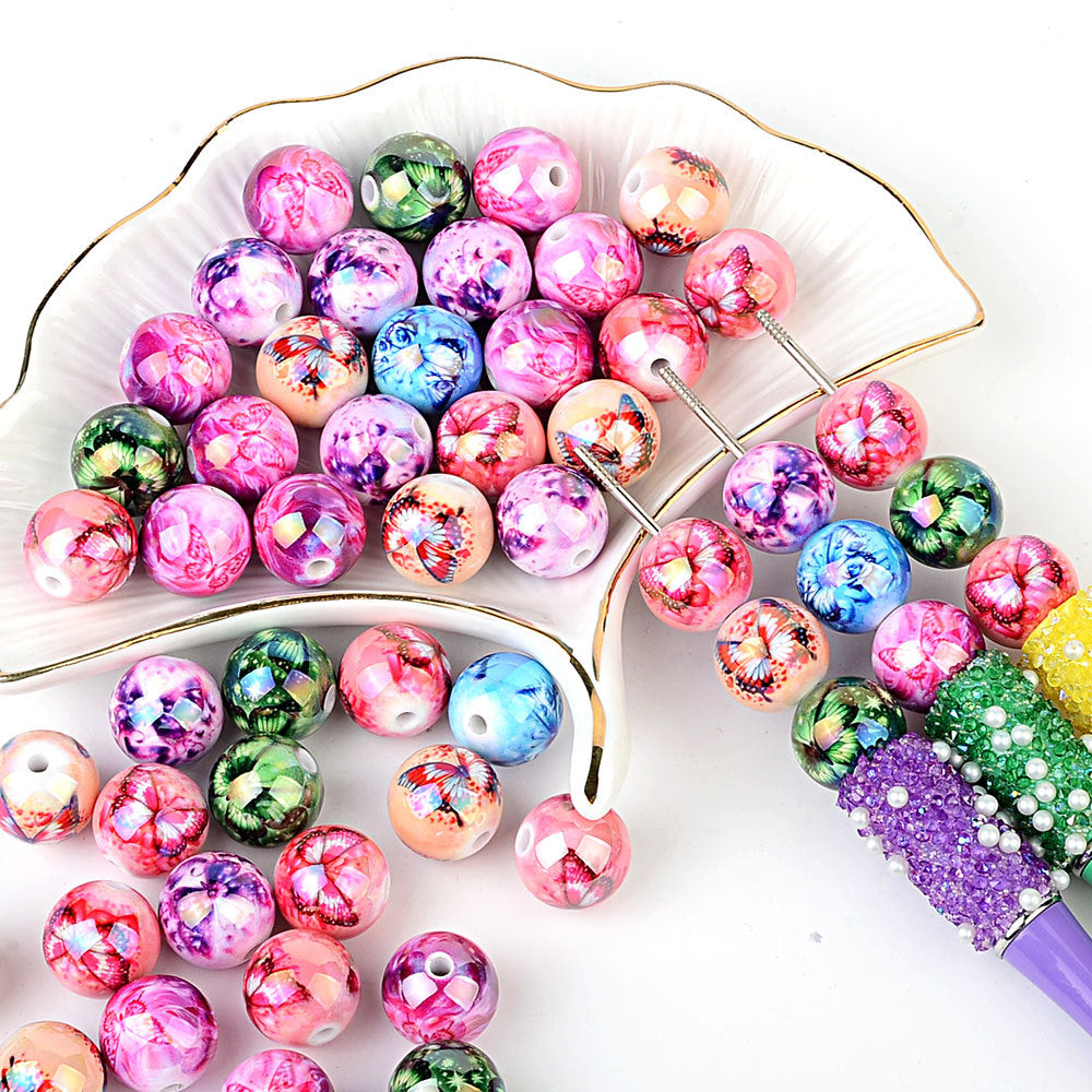 100Pcs acrylic printing round beads colored butterfly pattern loose beads handmade DIY bracelet hair accessories material wholesale
