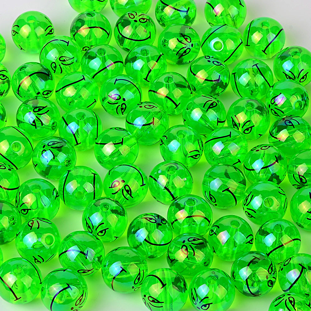 100Pcss 16mm fluorescent green Grinch expression acrylic through-hole round beads DIY handmade jewelry loose bead accessories wholesale