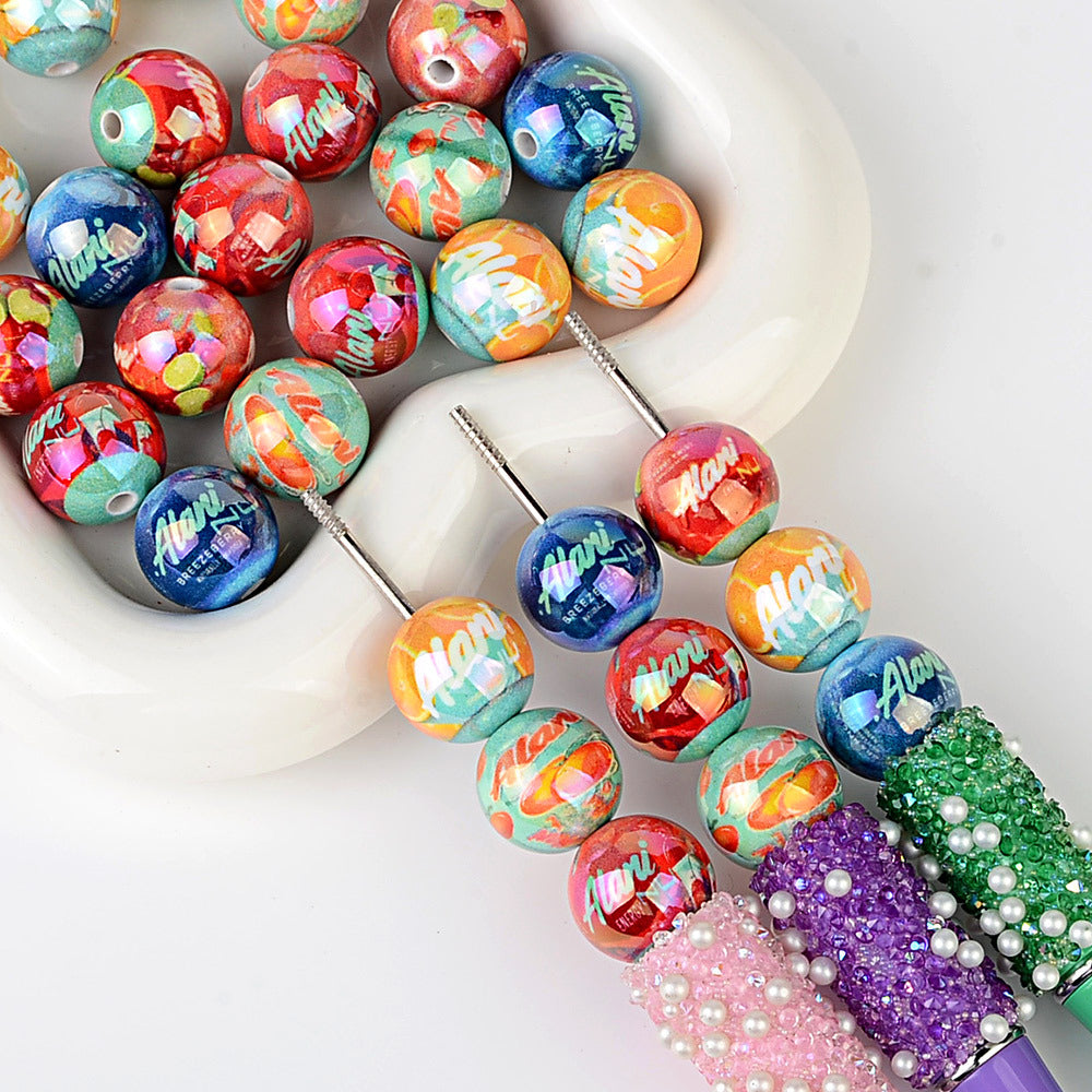 100Pcs juice drink pattern loose beads colorful UV printing straight hole round beads handmade pendant material wholesale