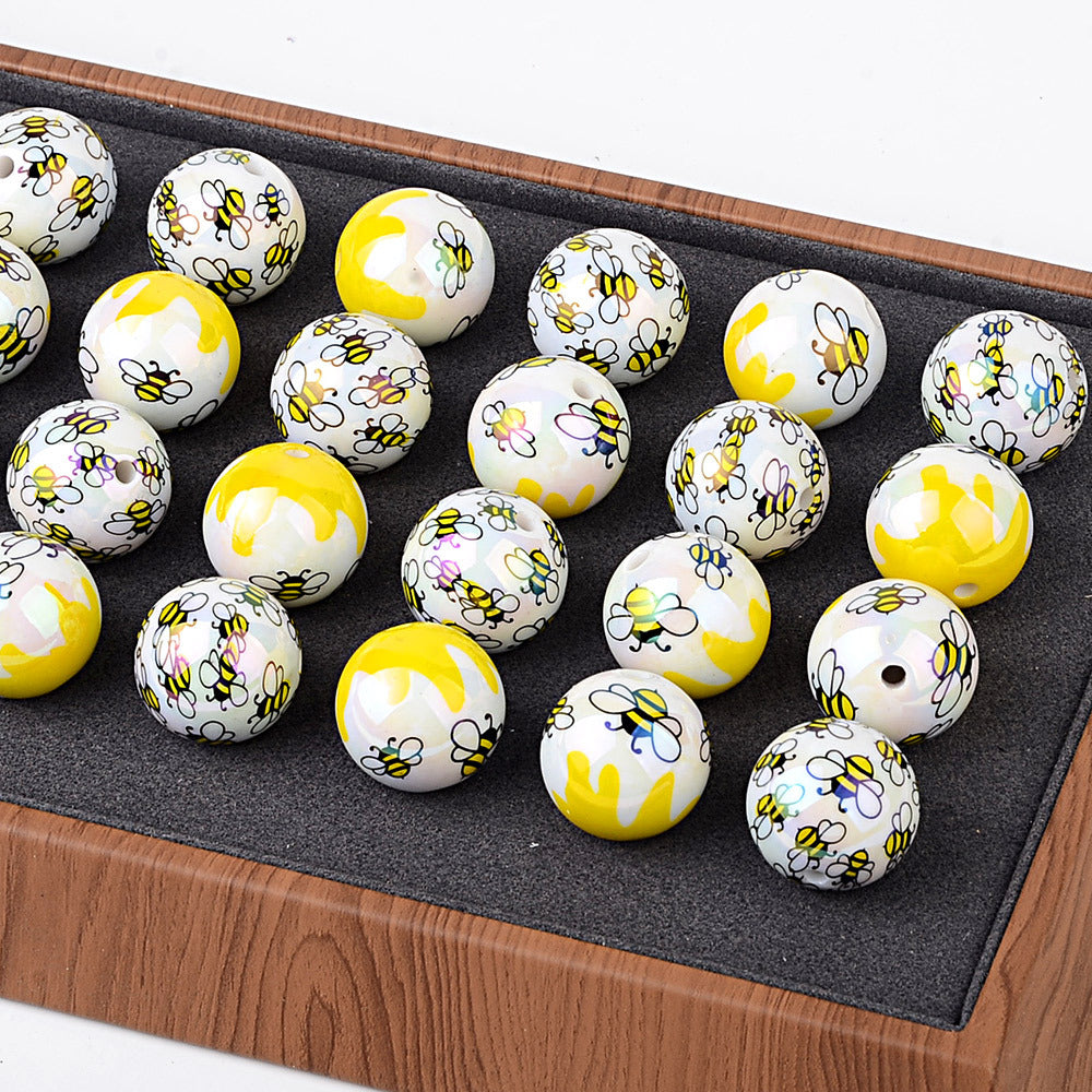 20Mm printed cartoon bee series straight hole round beads DIY printed round beads loose beads bead pen accessories