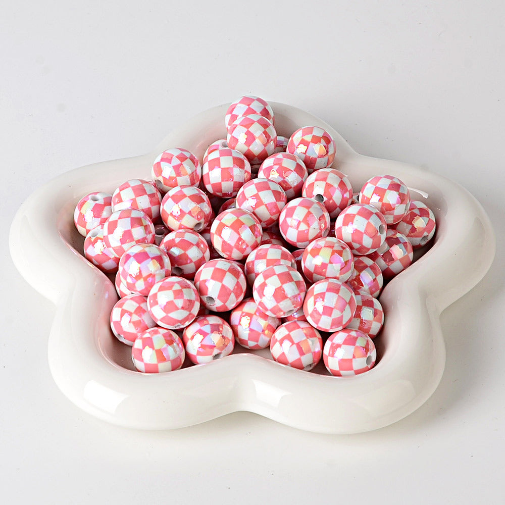 100Pcs UV plated color checkerboard square grid pattern round beads DIY handmade beaded loose bead string pen mobile phone chain jewelry accessories