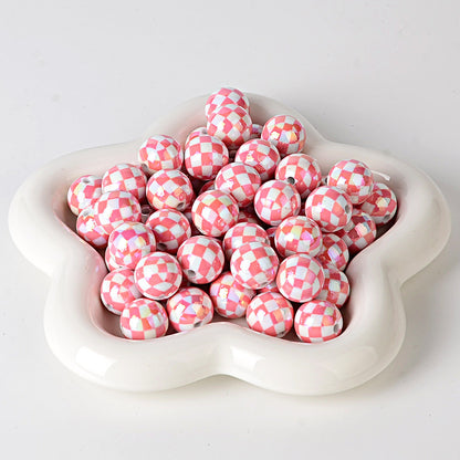 100Pcs UV plated color checkerboard square grid pattern round beads DIY handmade beaded loose bead string pen mobile phone chain jewelry accessories