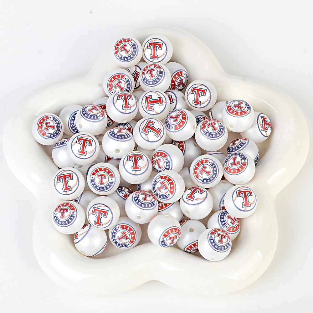 100Pcs 16mm frosted printing MLB baseball league round beads loose beads DIY bead pen car hanging baseball team accessories