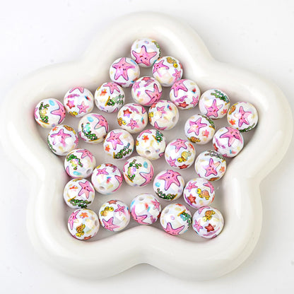 100Pcs 16mm acrylic solid color plating color printing marine biological straight hole round beads DIY mobile phone rope keychain accessories