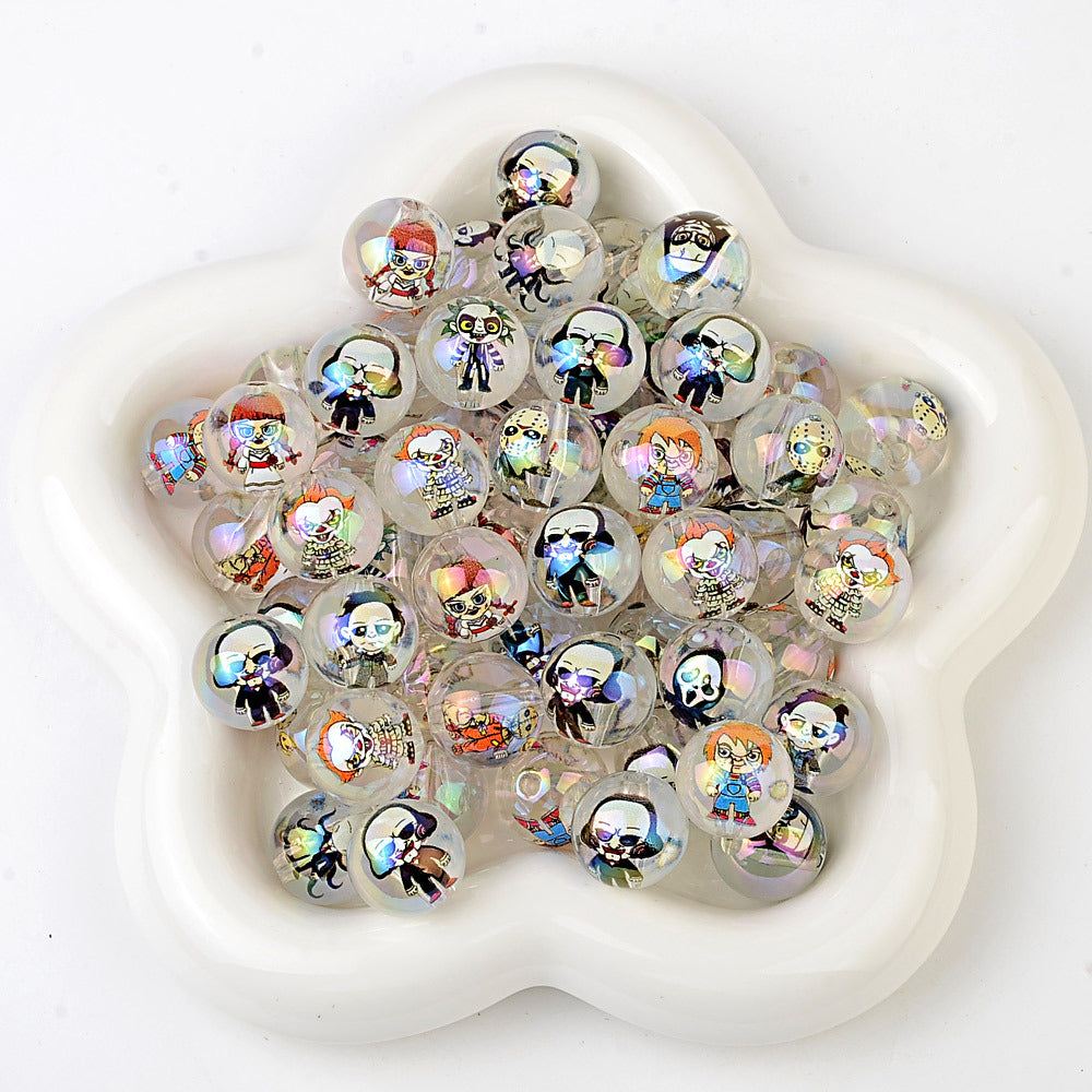 100Pcs Halloween dark cartoon character printed acrylic round beads flat piece mixed DIY handmade accessories wholesale