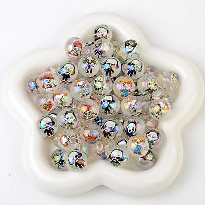 100Pcs Halloween dark cartoon character printed acrylic round beads flat piece mixed DIY handmade accessories wholesale