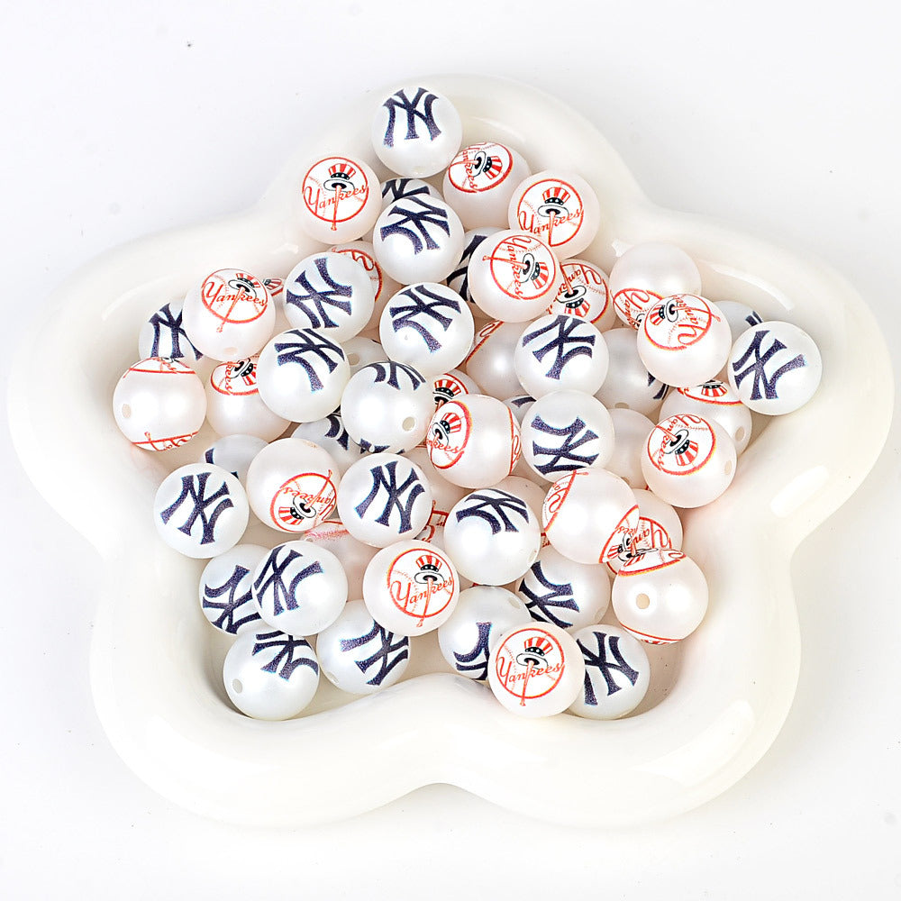 100Pcs 16mm frosted printing MLB baseball league round beads loose beads DIY bead pen car hanging baseball team accessories