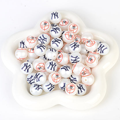 100Pcs 16mm frosted printing MLB baseball league round beads loose beads DIY bead pen car hanging baseball team accessories