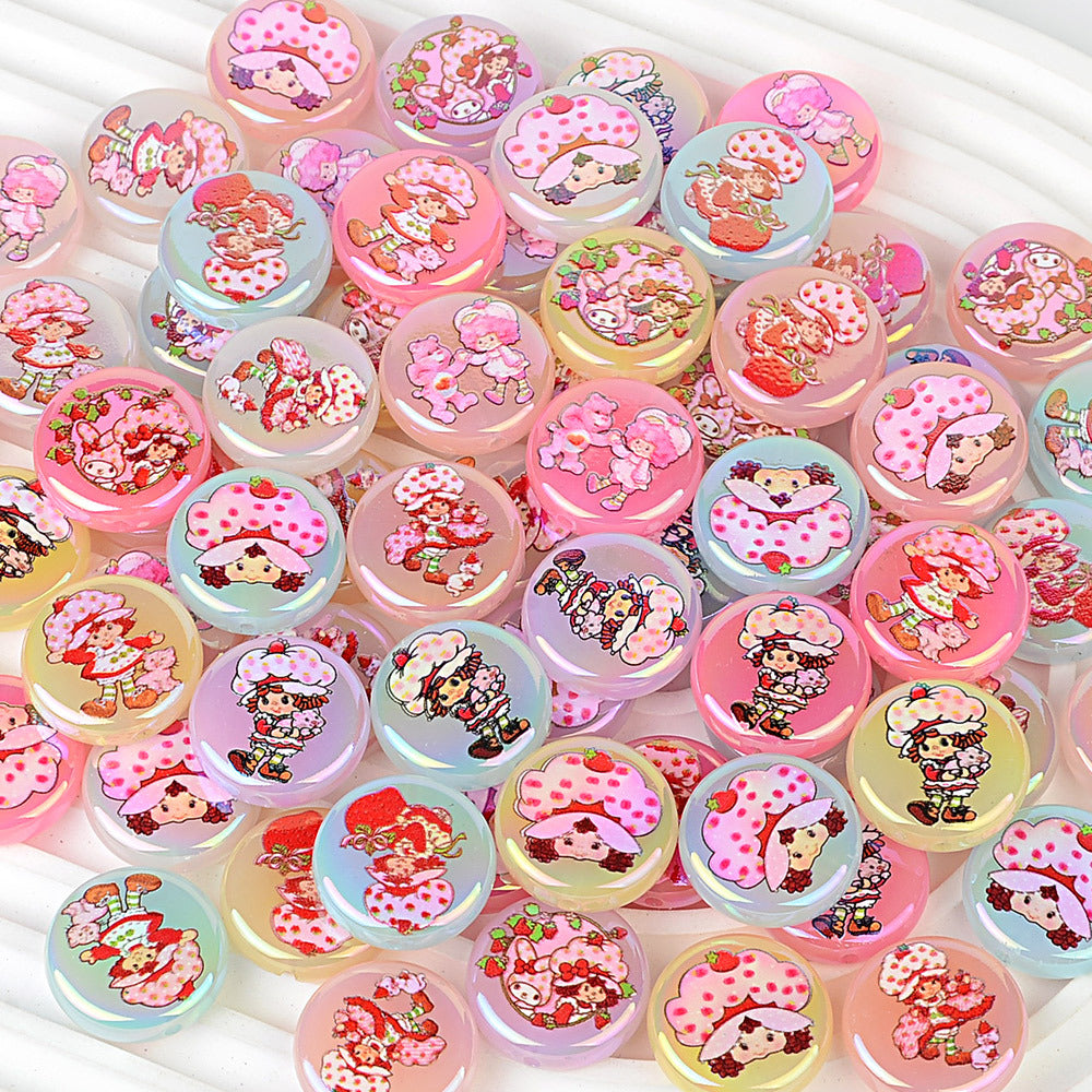 100Pcs 24mm double-sided printing cartoon strawberry girl beaded flat DIY mobile phone chain bag pendant material jewelry
