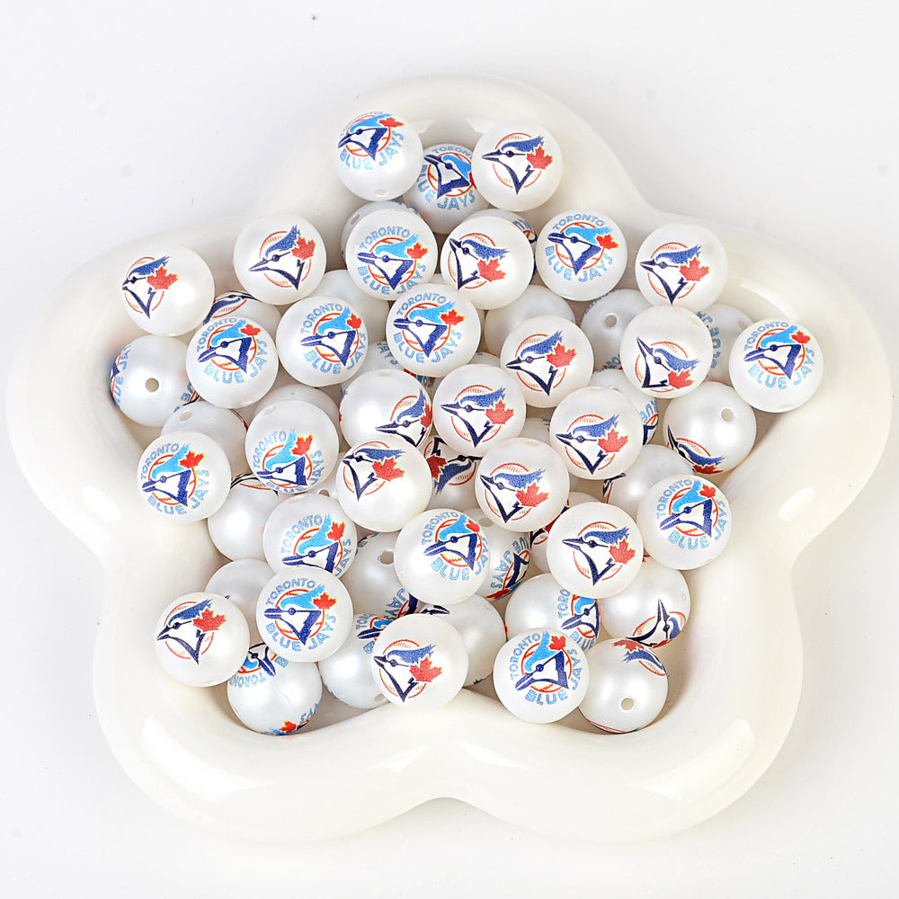100Pcs 16mm frosted printing MLB baseball league round beads loose beads DIY bead pen car hanging baseball team accessories