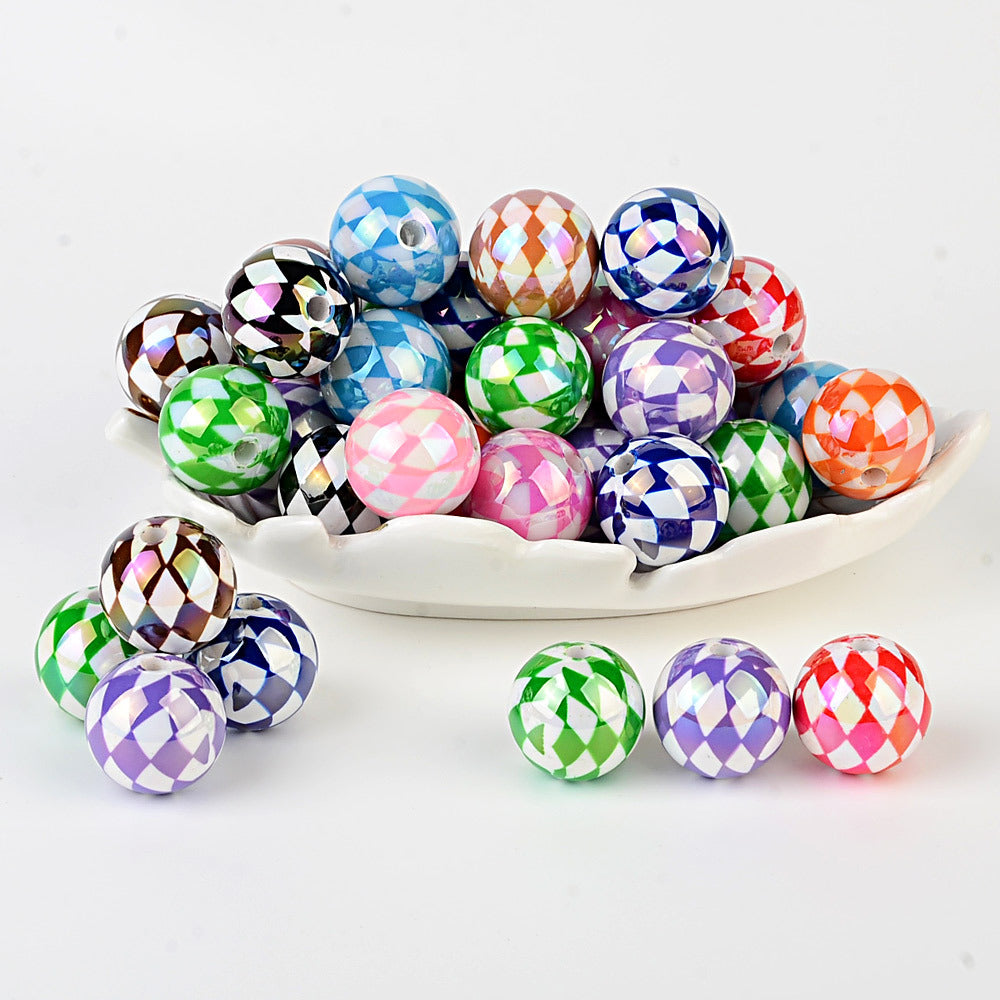 100Pcs 16mm UV rhombus grid through hole round beads DIY handmade beaded loose bead string pen mobile phone chain jewelry accessories spot