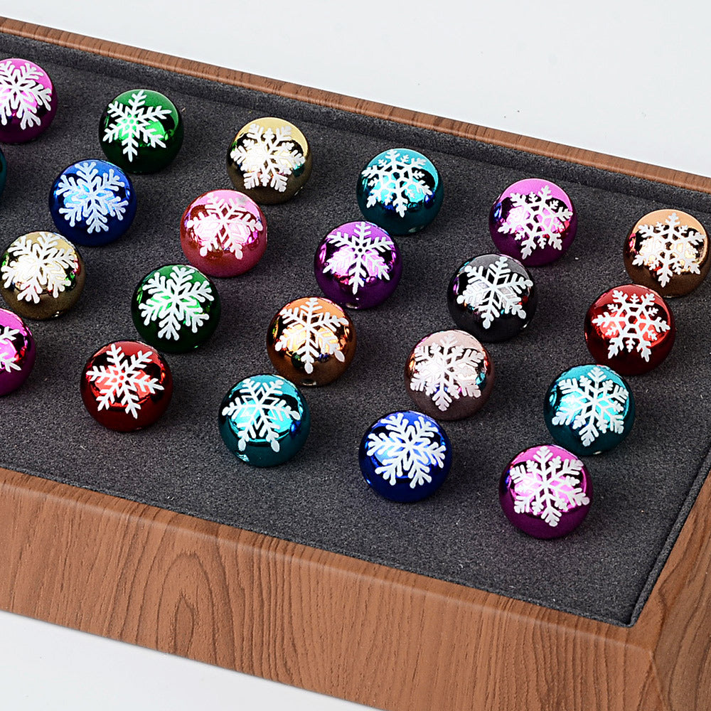 100Pcs 16mm metallic Christmas series snowflake printing round beads DIY handmade beaded loose beads mobile phone chain accessories