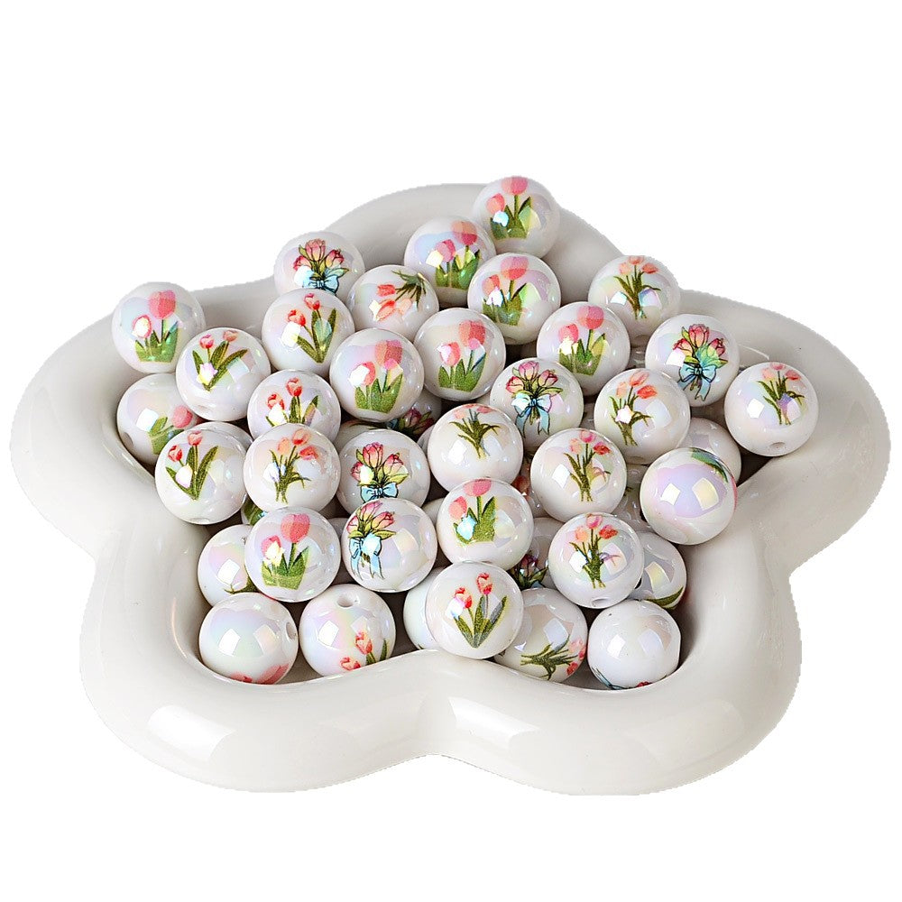 100Pcs tulip printed acrylic round beads, straight hole flower beaded accessories DIY handmade pen string bracelet material