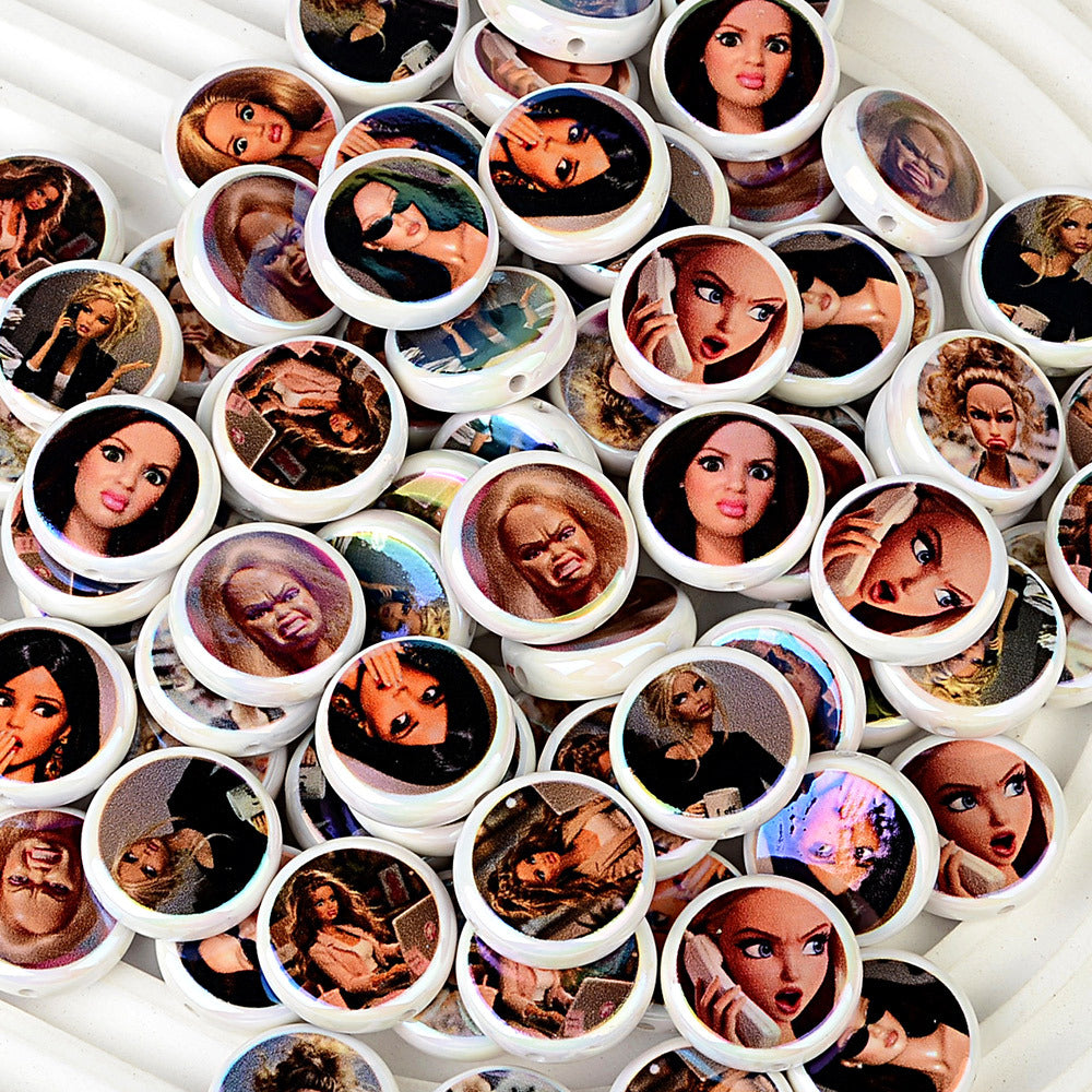 100Pcs 24mm acrylic flat bead printing funny Barbie emoji through hole loose beads DIY mobile phone chain bead pen accessories