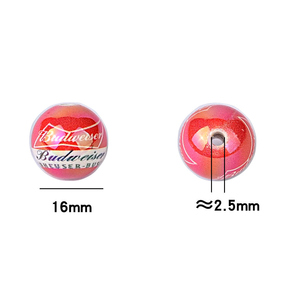 100Pcs 16mm acrylic printing red Budweiser straight hole round beads DIY mobile phone chain keychain bead jewelry accessories