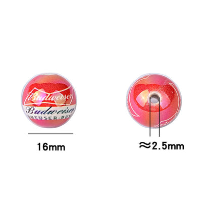 100Pcs 16mm acrylic printing red Budweiser straight hole round beads DIY mobile phone chain keychain bead jewelry accessories