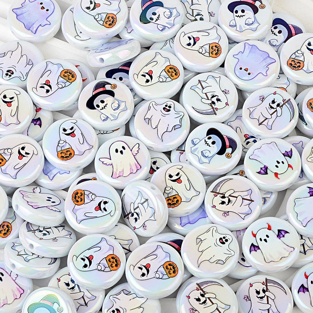 100Pcs UV plated Halloween element mixed ghost round cake beaded DIY beaded pen mobile phone keychain accessories