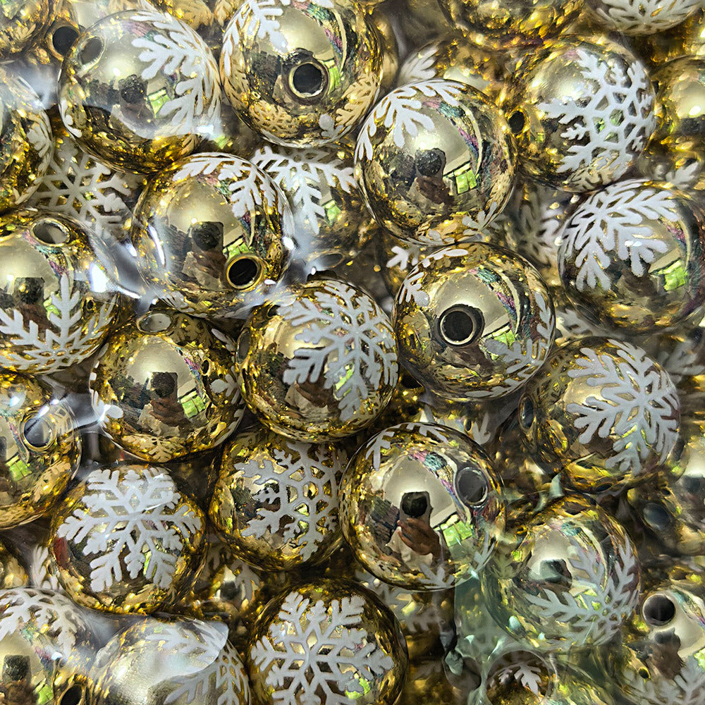 100Pcs 16mm metallic Christmas series snowflake printing round beads DIY handmade beaded loose beads mobile phone chain accessories