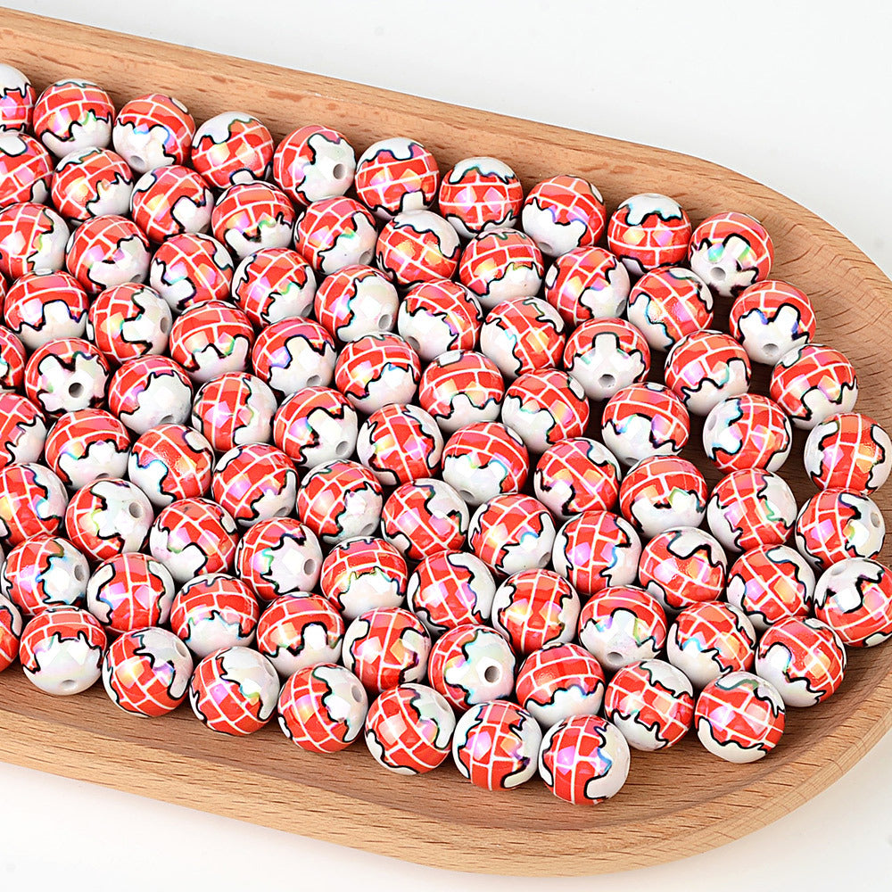 100Pcs Christmas red brick house printed round beads, through hole DIY handmade bracelet accessories loose beads Christmas beads