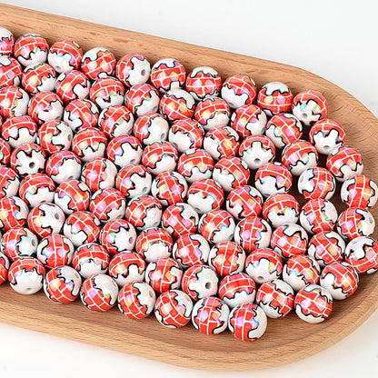 100Pcs Christmas red brick house printed round beads, through hole DIY handmade bracelet accessories loose beads Christmas beads