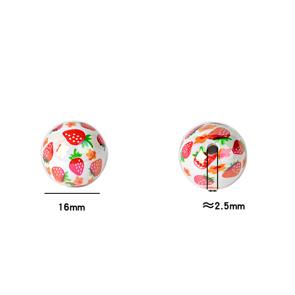 100Pcs 16mm acrylic beaded printed strawberry round beads DIY mobile phone rope keychain accessories jewelry material wholesale