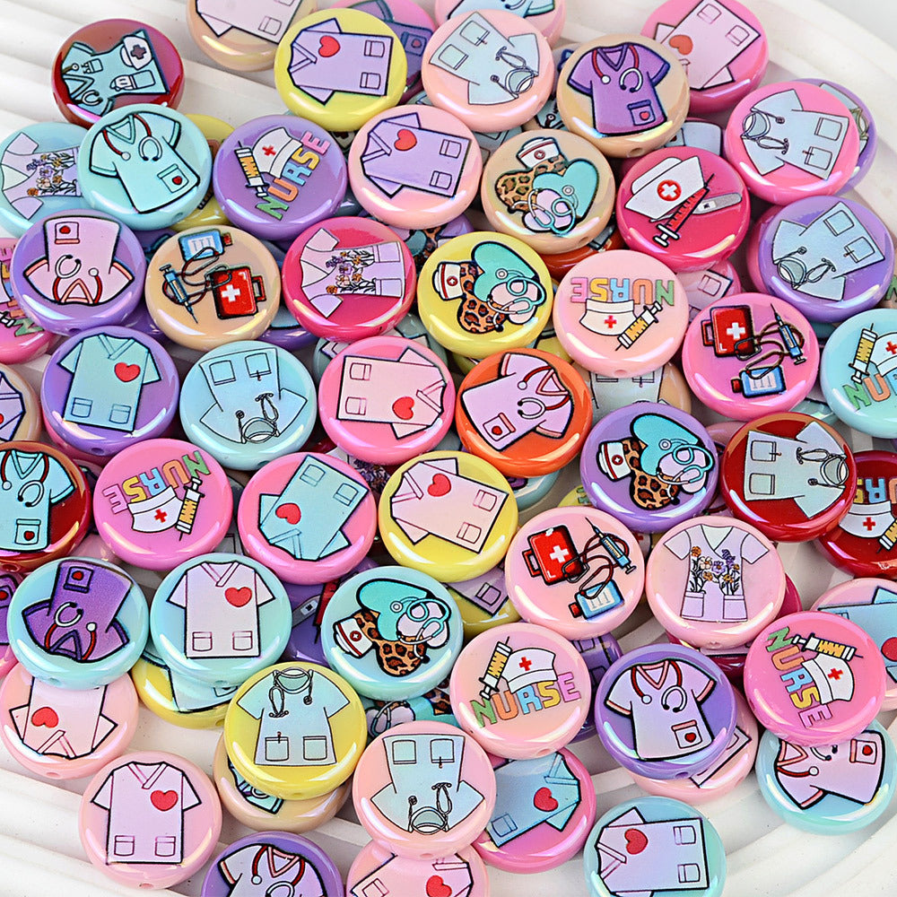 100Pcs acrylic disc bead printing medical clothing straight hole round bead DIY mobile phone rope keychain bead pen accessories