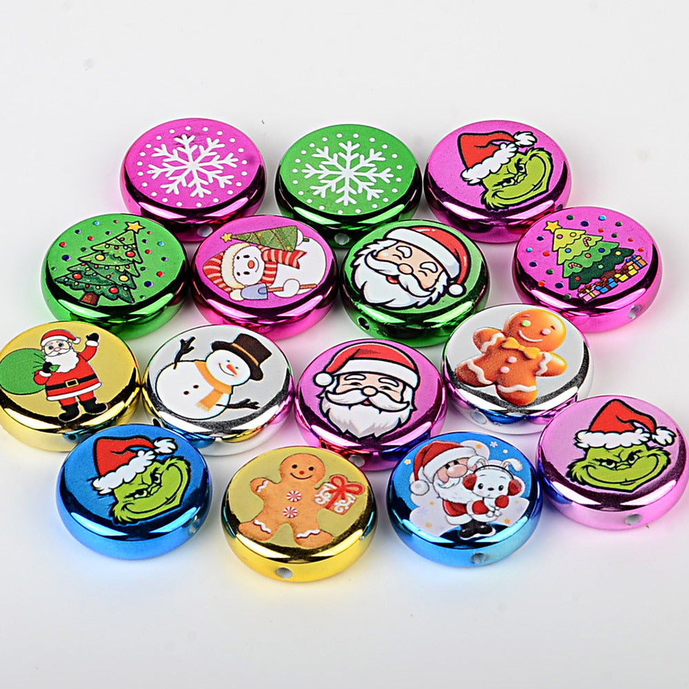 100Pcs 24mm metallic Christmas series printed through-hole flat beads DIY mobile phone bag chain jewelry accessories wholesale