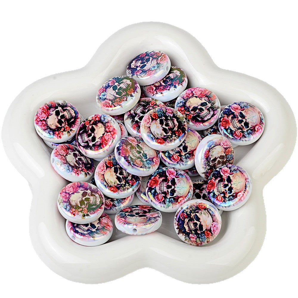100Pcs Double-sided Printing Rose Surround Skull Round Piece Vertical Hole Beads DIY Mobile Phone Rope Keychain Chain Pen Accessories