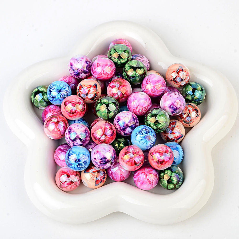 100Pcs acrylic printing round beads colored butterfly pattern loose beads handmade DIY bracelet hair accessories material wholesale