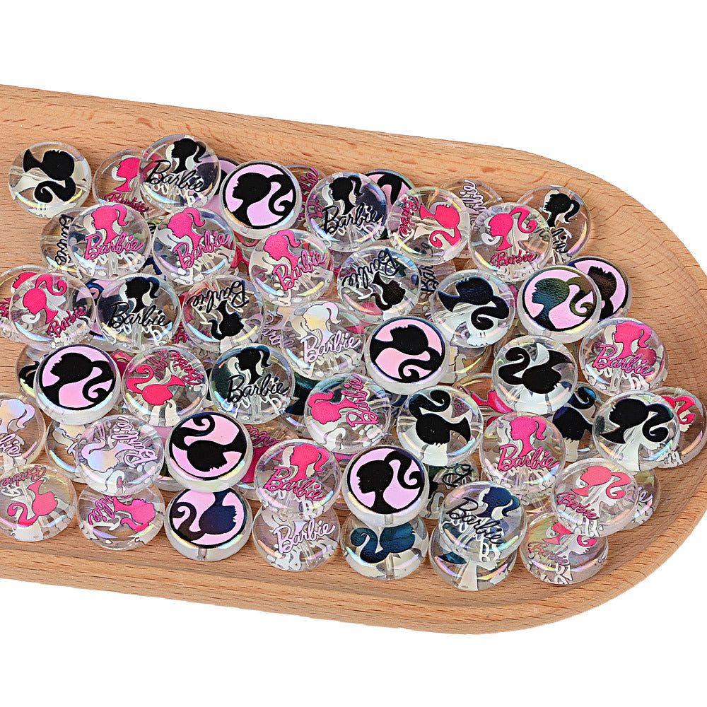 100Pcs UV plated color printing Barbie Barbie avatar straight hole round beads DIY mobile phone rope necklace jewelry loose bead accessories