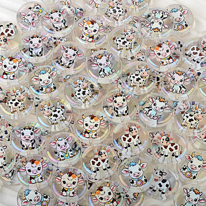 100Pcs acrylic printing cartoon small cow round vertical hole beads DIY mobile phone rope keychain string pen matching