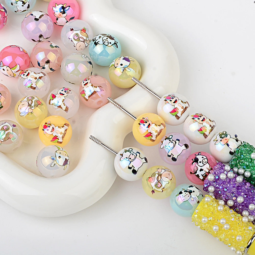 100Pcs acrylic personalized plated UV color printing cow round beads DIY handmade beaded loose bead string pen mobile phone chain jewelry accessories