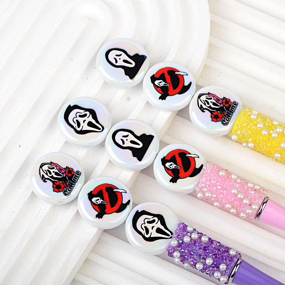 100Pcs Halloween elements grimace printing through hole flat beads DIY bead pen mobile phone chain jewelry loose beads accessories