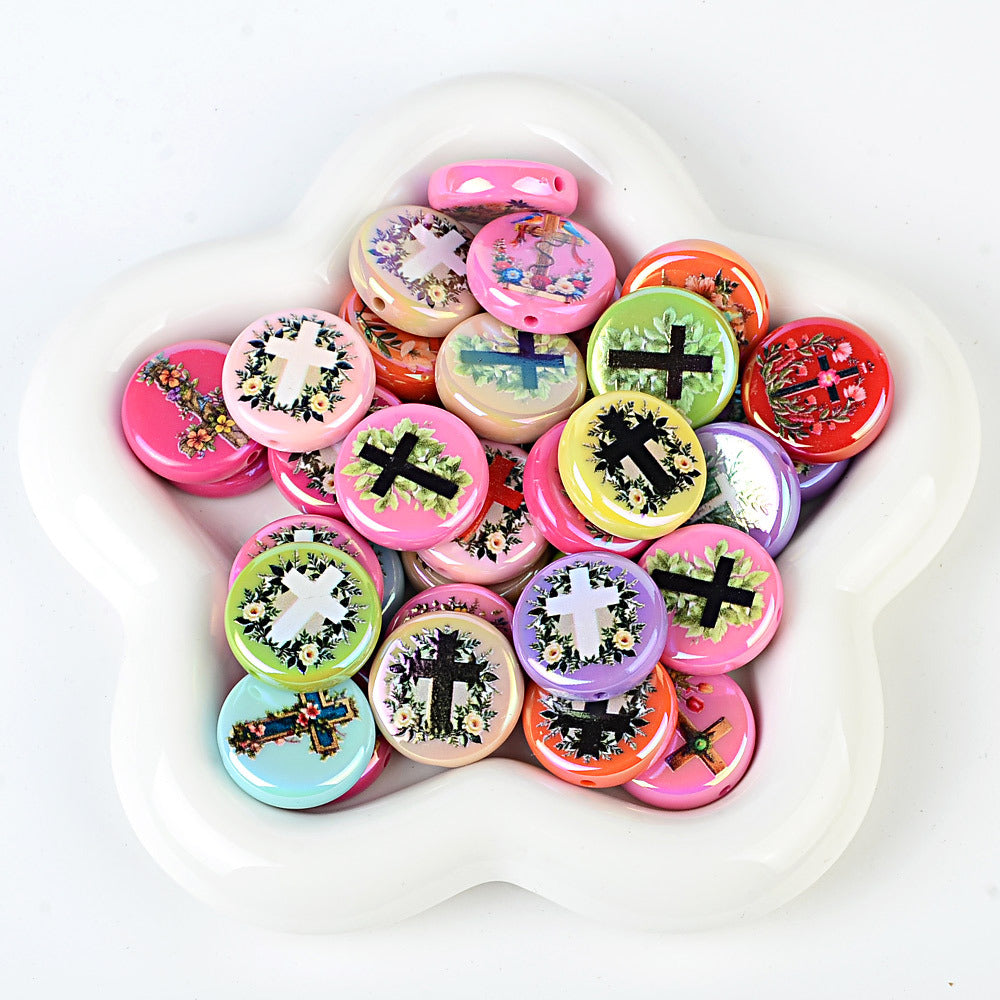 100Pcs new acrylic wreath solid color printing round bead cross straight hole bead loose bead DIY bracelet jewelry accessories