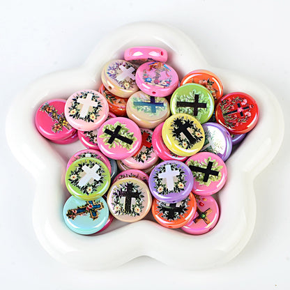 100Pcs new acrylic wreath solid color printing round bead cross straight hole bead loose bead DIY bracelet jewelry accessories