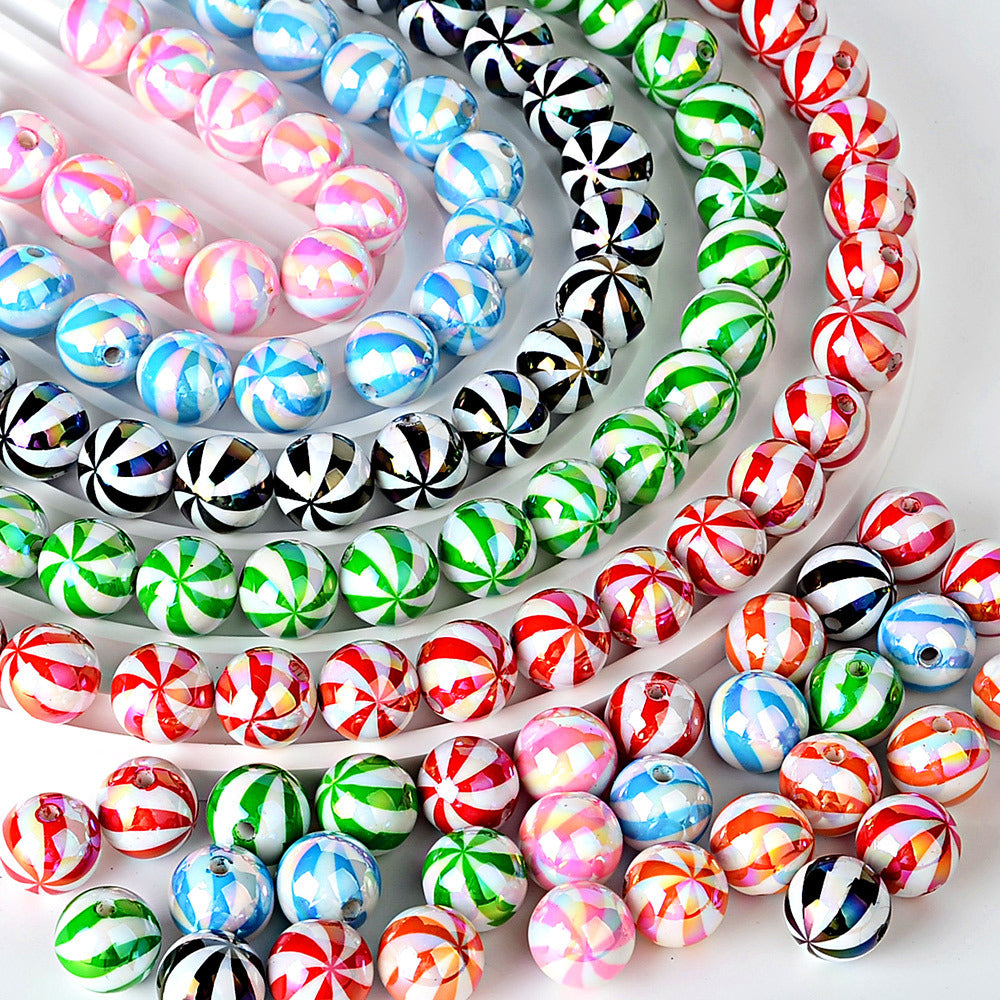 100Pcs 16mm straight hole Christmas color plated striped beads printed round beads beaded loose beads DI bracelet jewelry material in stock