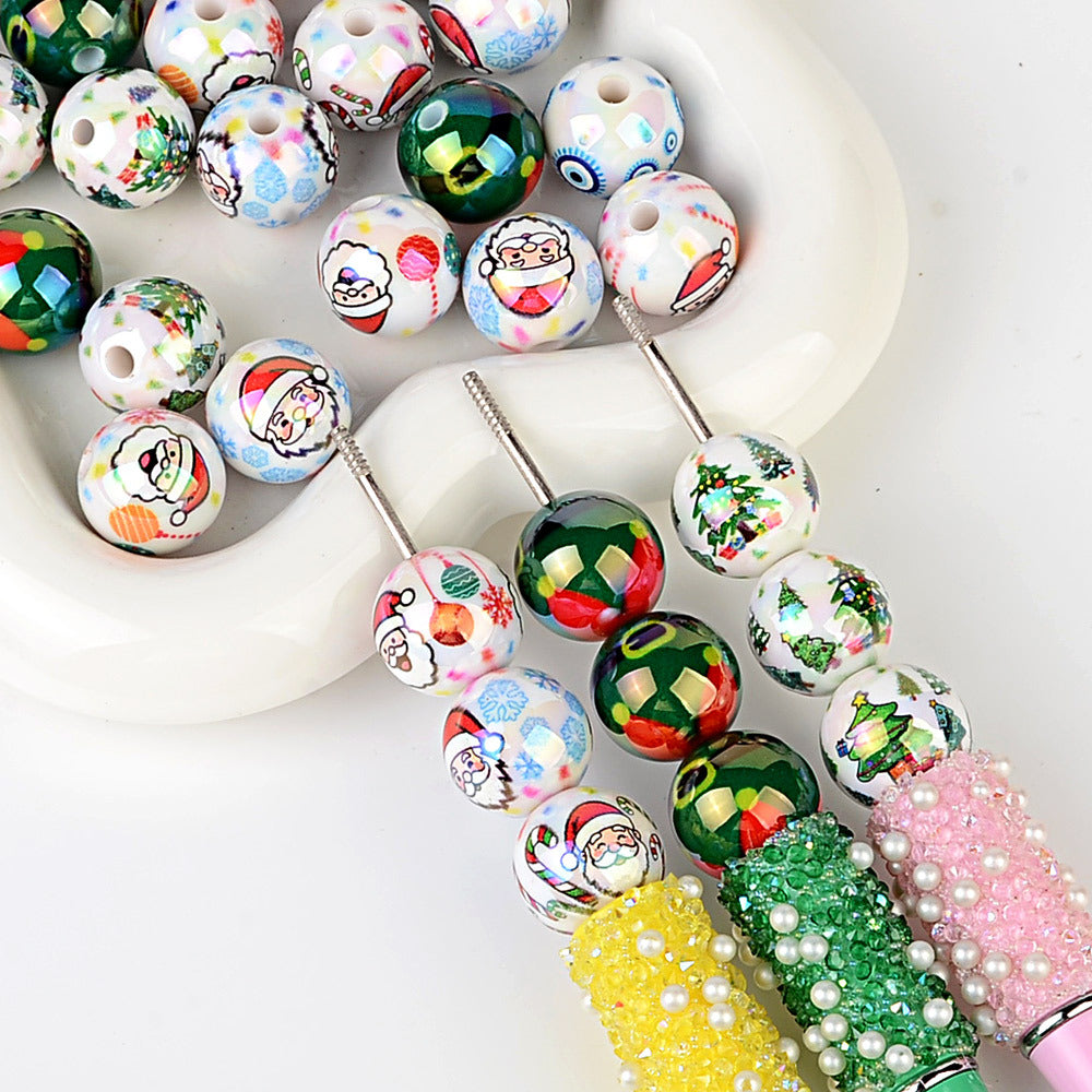 100Pcs Christmas elements UV plated Santa Claus Christmas tree straight hole round beads beaded DIY mobile phone chain pen accessories