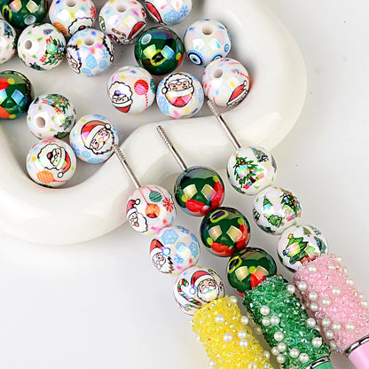 100Pcs Christmas elements UV plated Santa Claus Christmas tree straight hole round beads beaded DIY mobile phone chain pen accessories