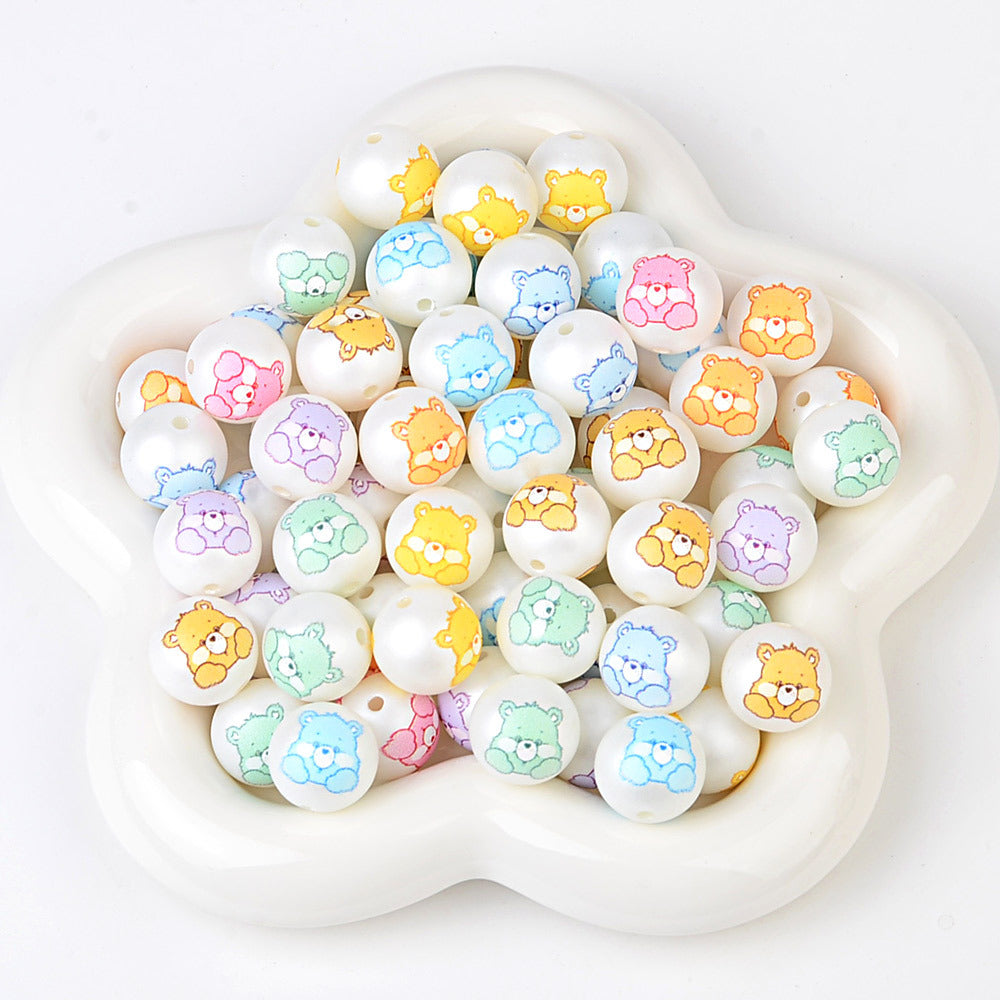 100Pcs Plated Color Printing Love Rainbow Bear Cartoon Round Cake Beaded DIY Pen Mobile Phone Chain Keychain Accessories