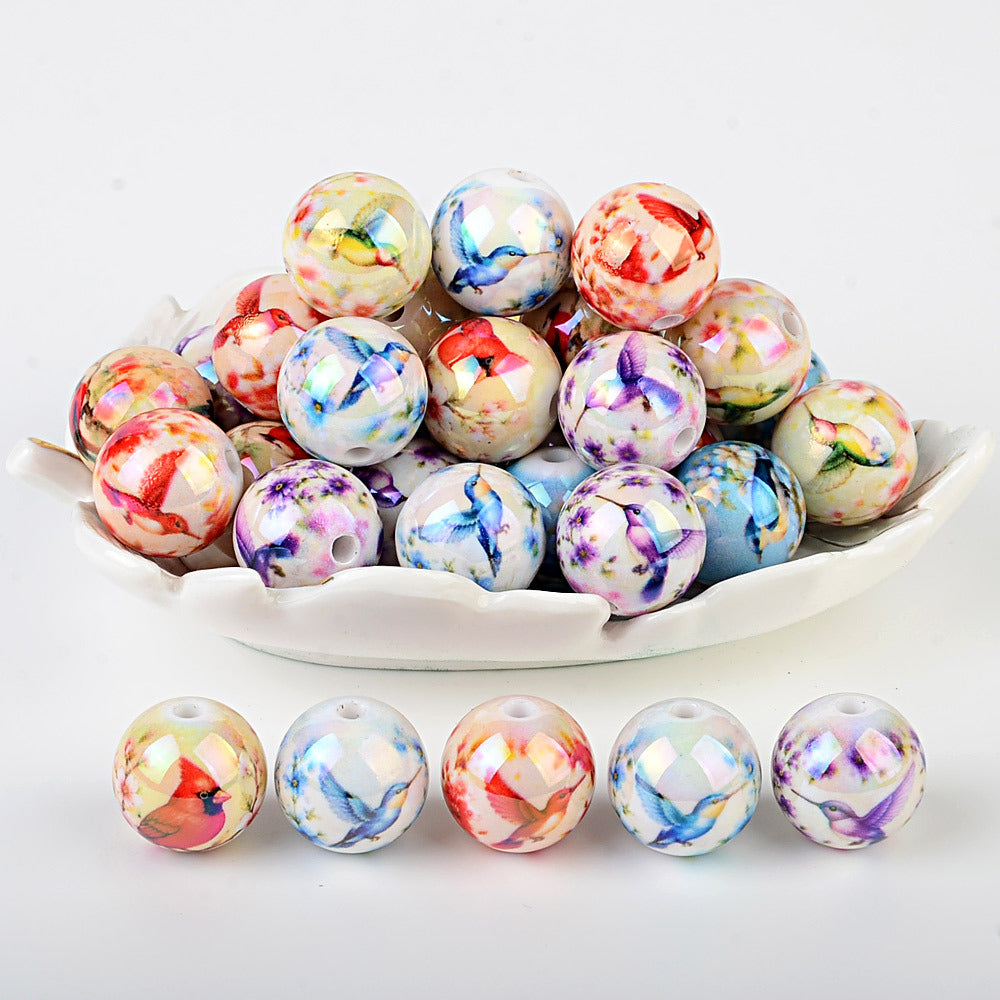 100Pcs UV printed magpie bird acrylic hummingbird pattern beads DIY handmade bracelet necklace beaded material wholesale