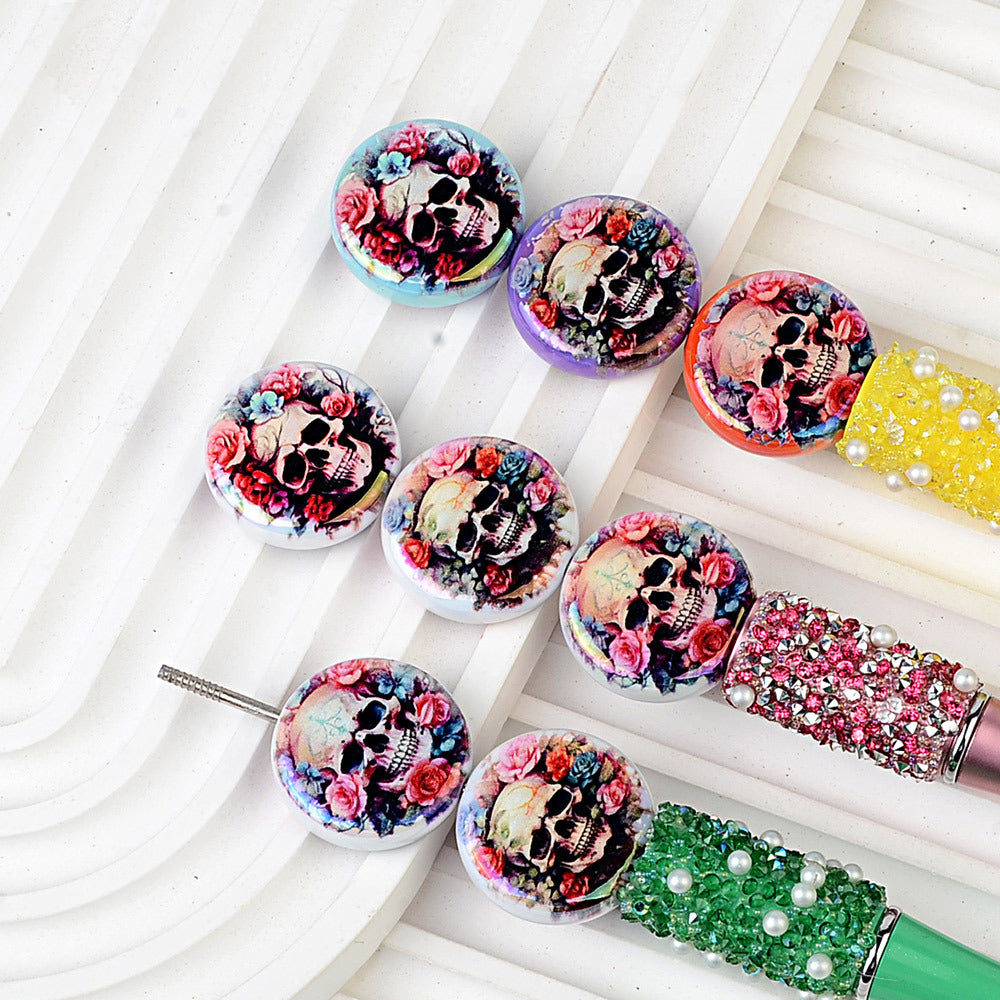 100Pcs Double-sided Printing Rose Surround Skull Round Piece Vertical Hole Beads DIY Mobile Phone Rope Keychain Chain Pen Accessories