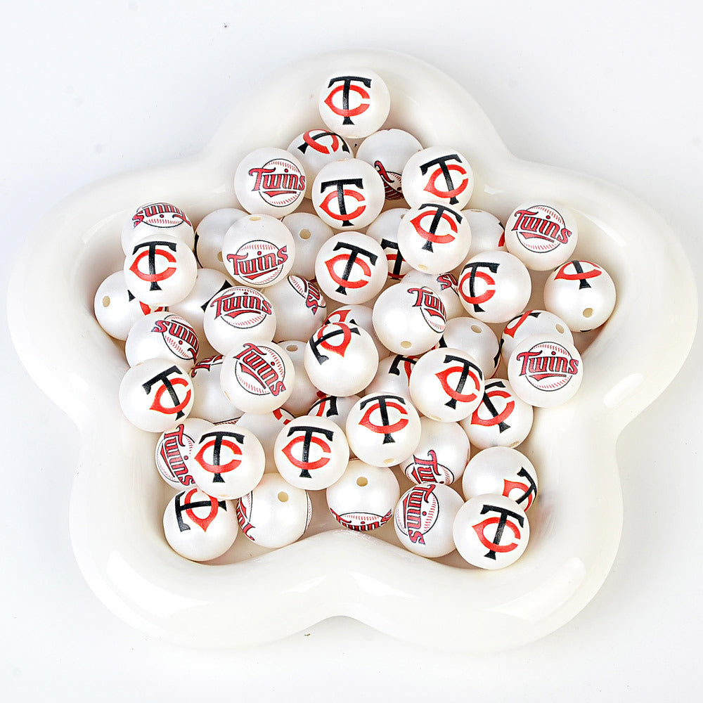 100Pcs 16mm frosted printing MLB baseball league round beads loose beads DIY bead pen car hanging baseball team accessories